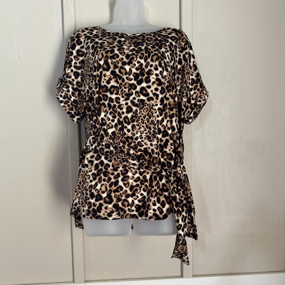 ECLA Blouse Womens Large Brown Animal Print Short Dolman Sleeve Tie Tunic Top